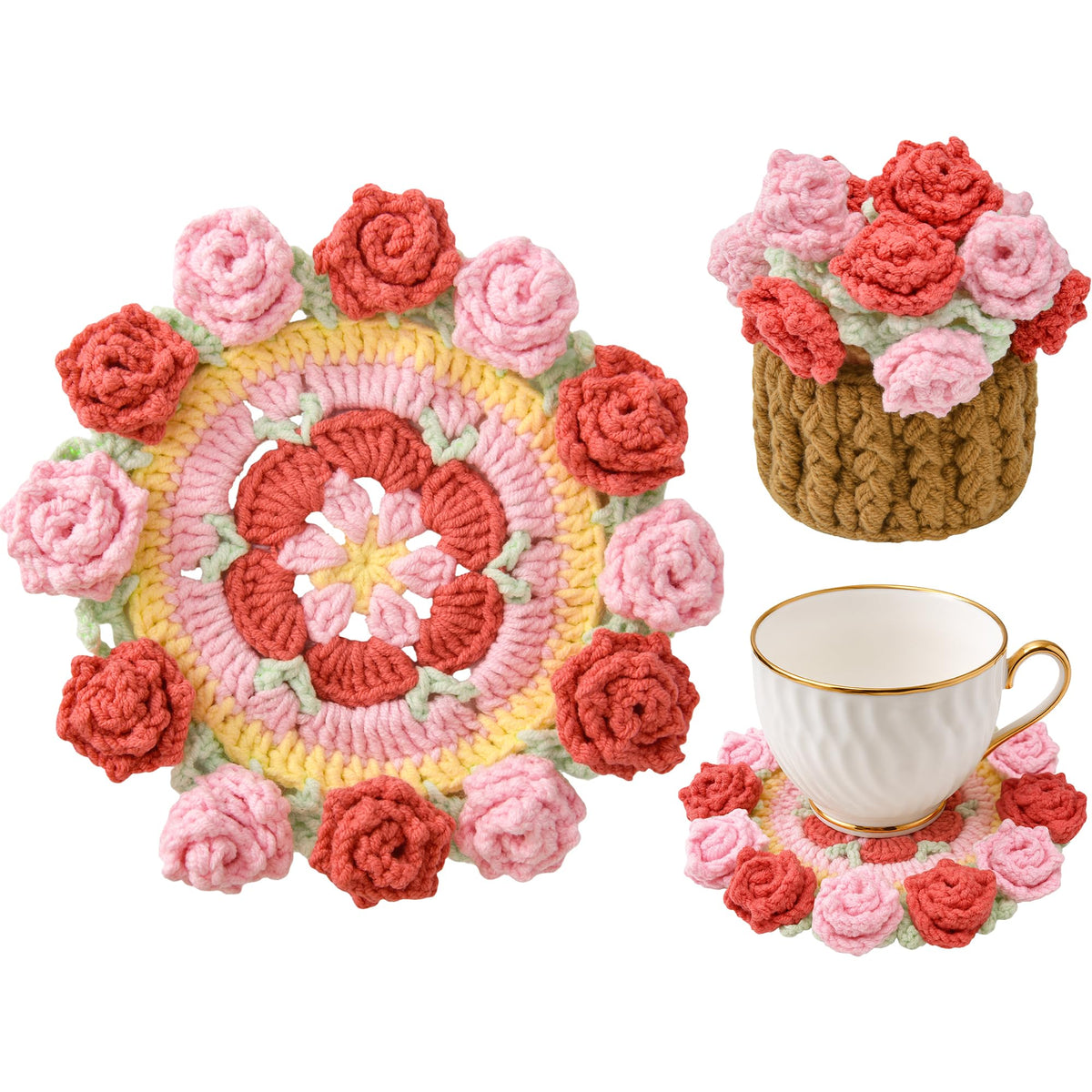 Crochet Flower Coasters, Handmade Bouquet Coasters with Crochet Plant Pot (Pink, 1Pc)