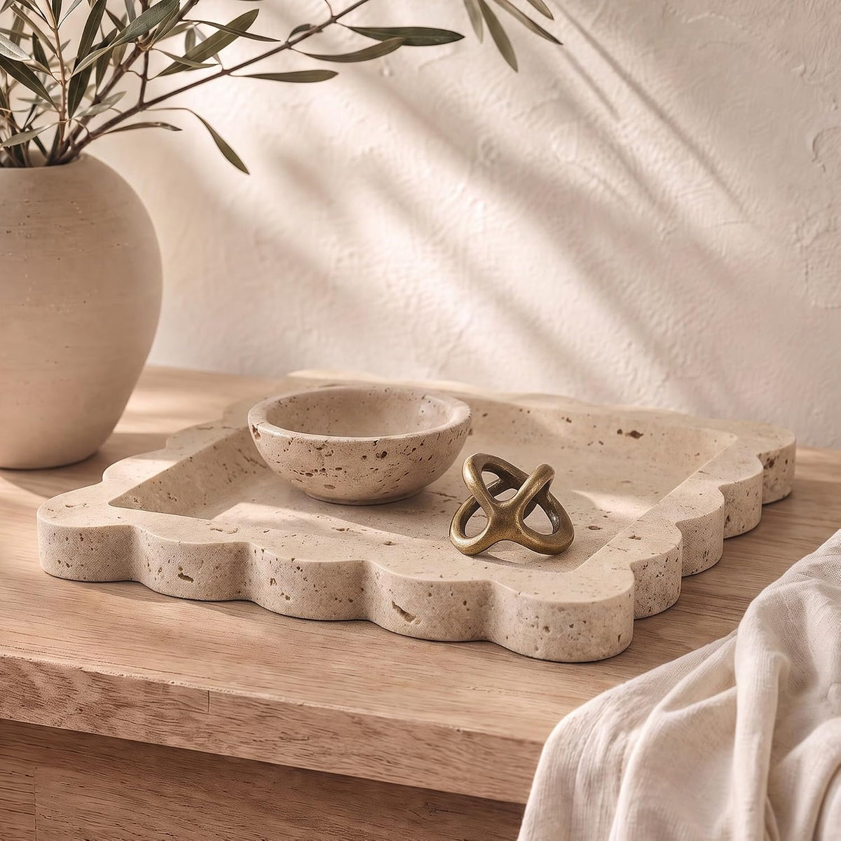 Decorative Scalloped Tray - Travertine Stone Inspired Jewelry Tray