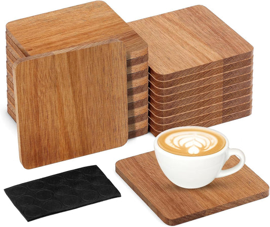 24 Pack Unfinished Acacia Wood Coasters, 4 Inch Square Blank Wooden Coasters for Laser Engraving, DIY Crafts, Painting & Drinks, with Non-Slip Pads
