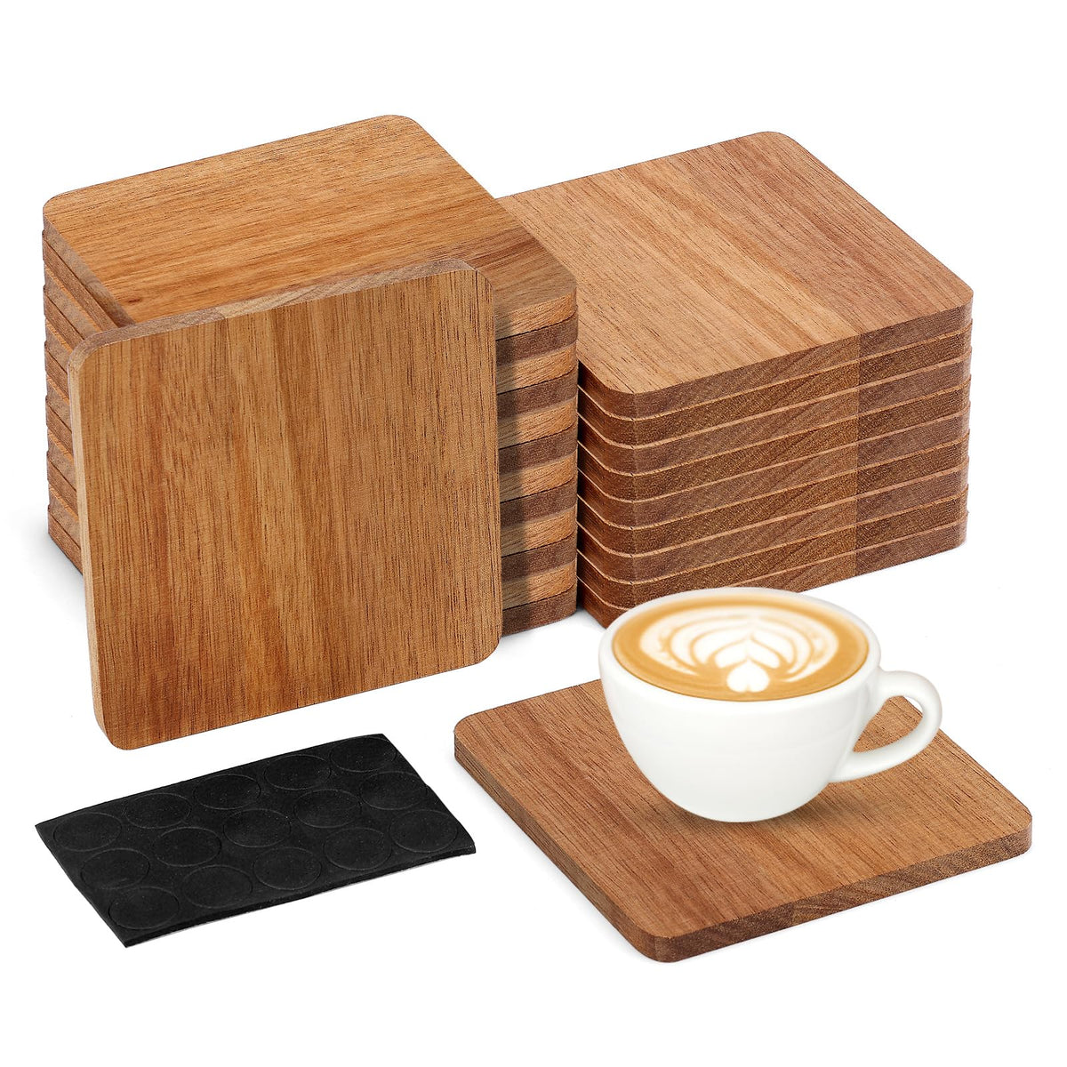24 Pack Unfinished Acacia Wood Coasters, 4 Inch Square Blank Wooden Coasters for Laser Engraving, DIY Crafts, Painting & Drinks, with Non-Slip Pads