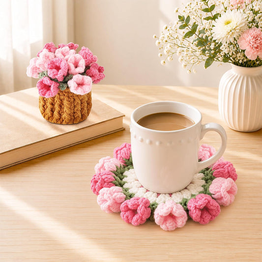 Crochet Flower Coasters, Handmade Bouquet Coasters with Crochet Plant Pot (Pink, 1Pc)