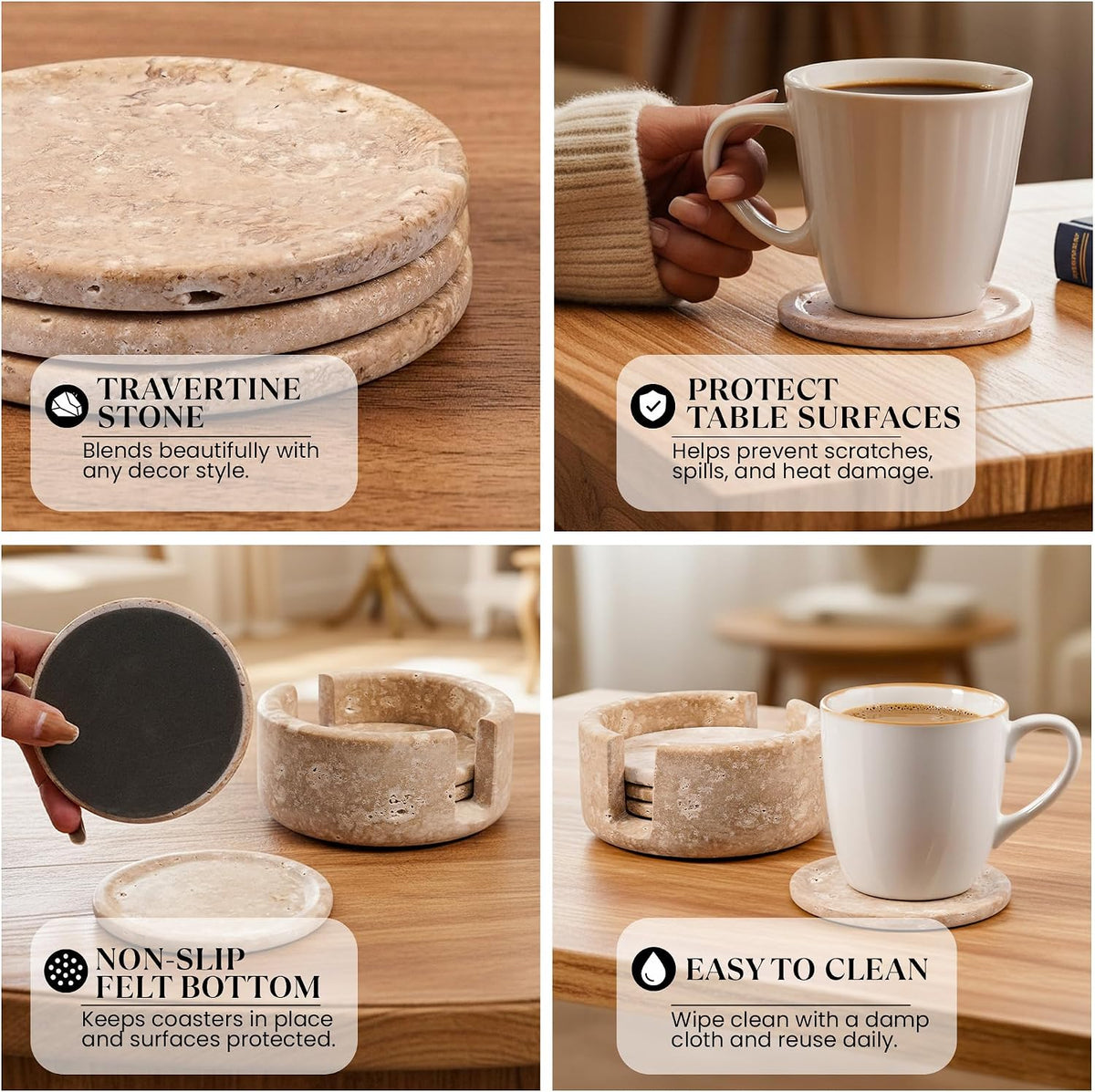Travertine Coasters Set of 4 with Holder, Stone Drink Coaster