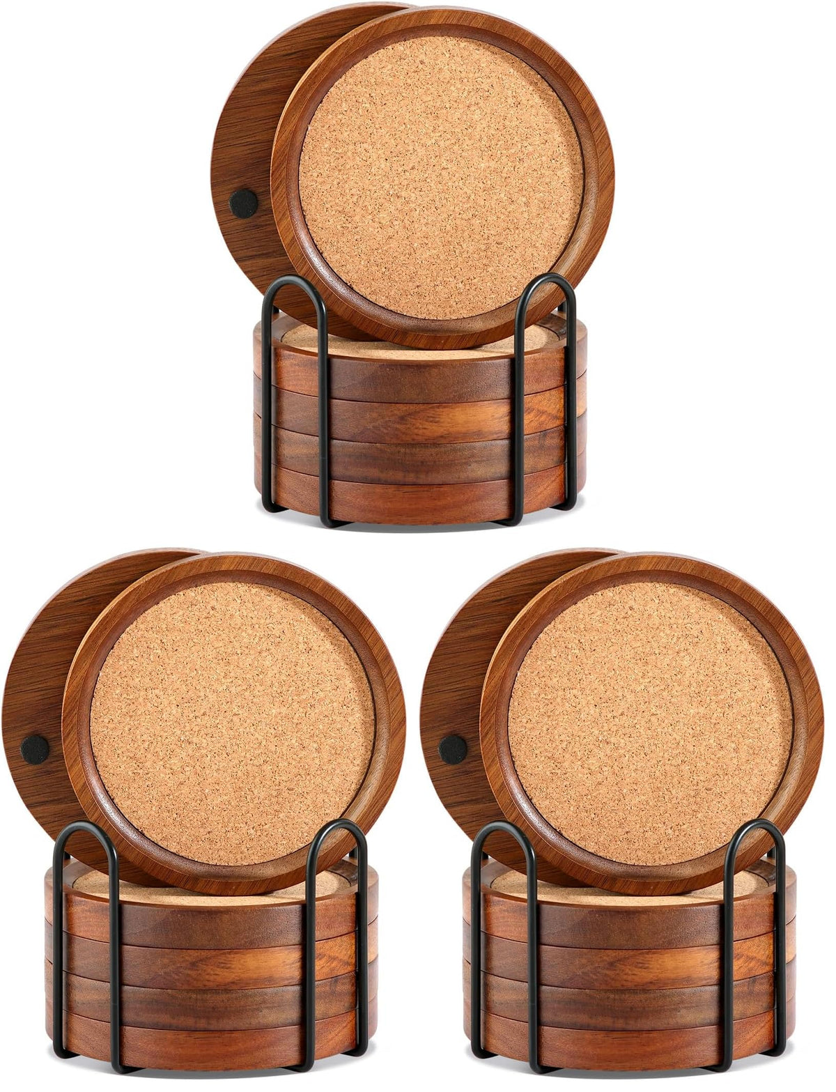 WLWNWFT Wood Cork Coasters for Drinks Absorbent with Holder, WLWNWFT Acacia Wood Coaster Sets Rustic Farmhouse for Coffee Table Dining Table Wooden Table Coasters for Desk, Set of 6 4.33in