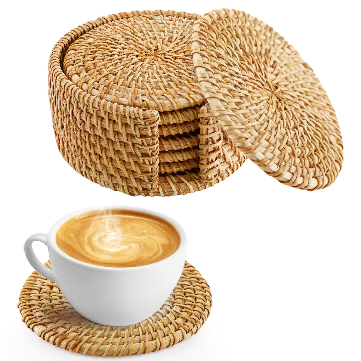 Handmade Rattan Coasters Set of 6 with Holder, Farmhouse Home Decor