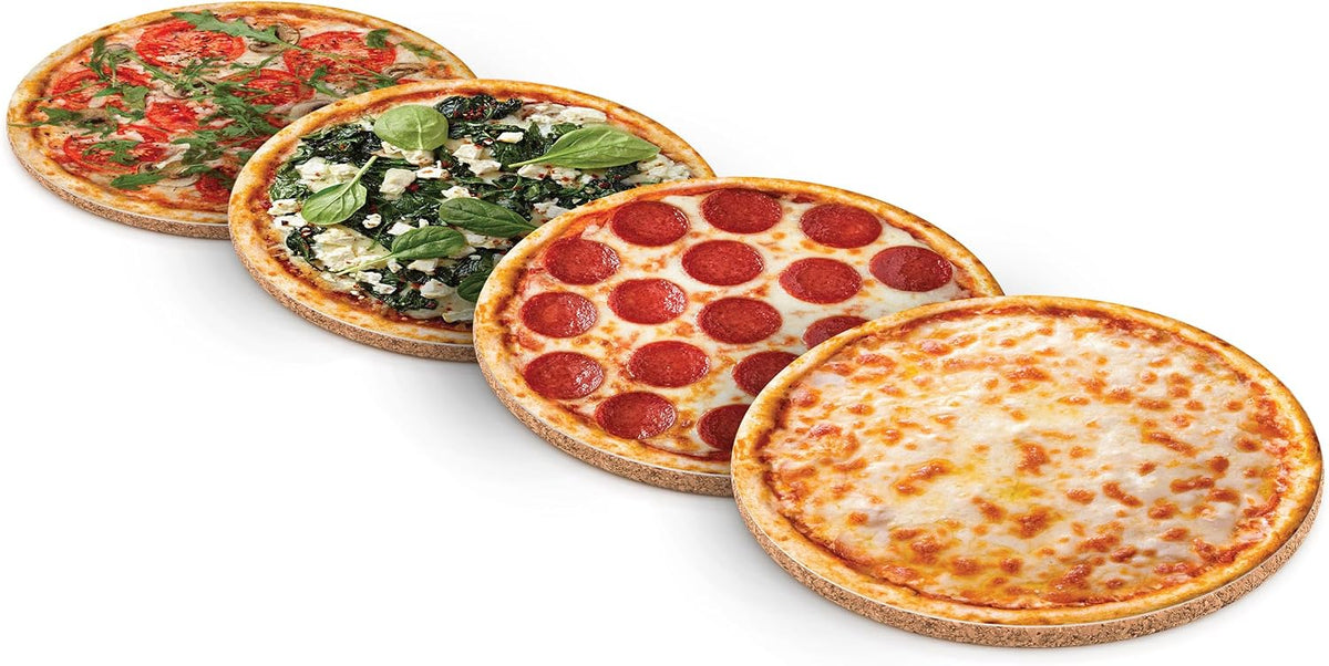 Genuine Fred HOT and Fresh Pizza Coasters, Set of 4 Realistic Pizza Style Drink Coasters, MDF and Cork, Packed in Authentic-Looking Mini Pizza Box, Fun and Functional Table Protection, Great Gift
