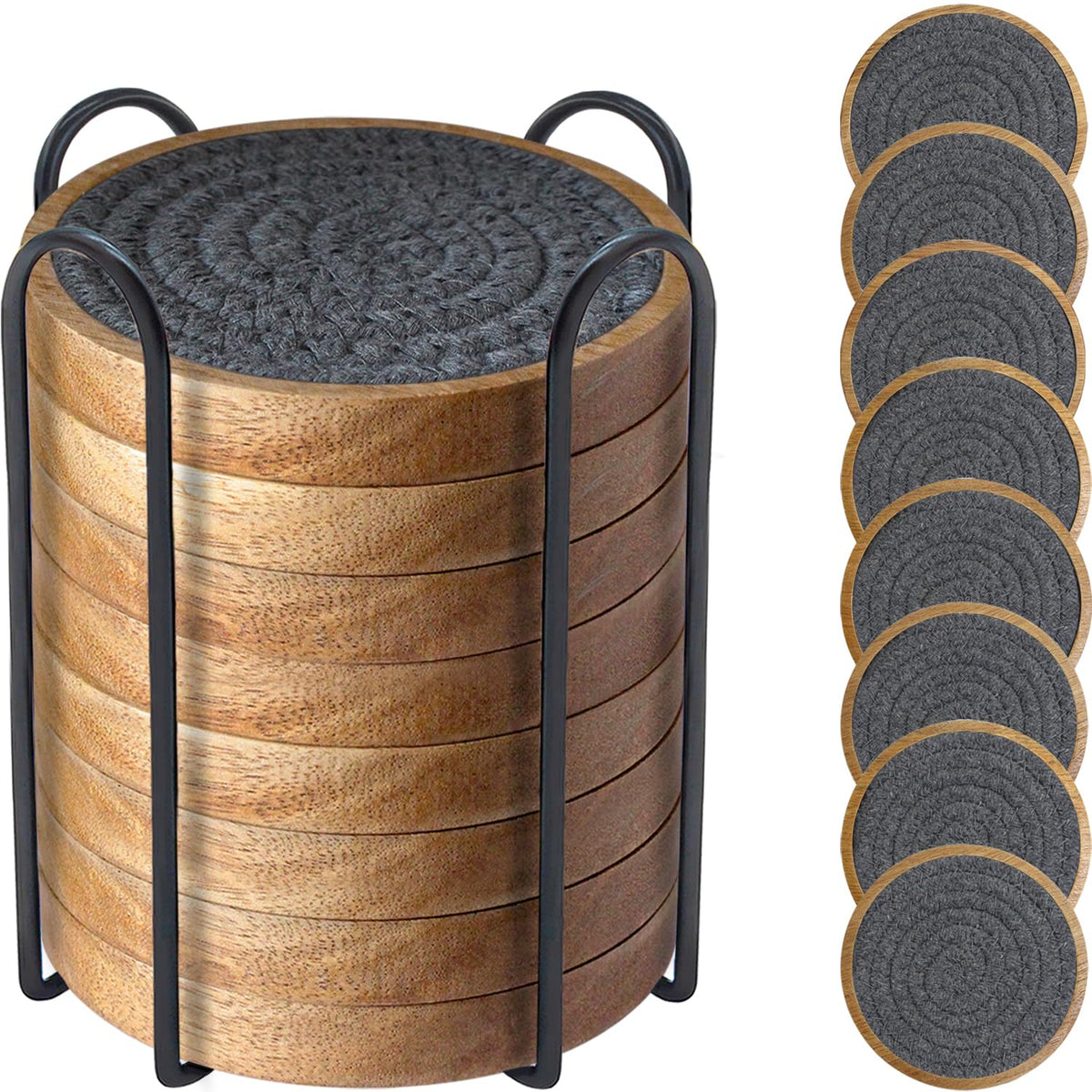 Wood Coasters for Drinks, Eykao Absorbent Coaster Sets of 5, Woven Drink Coasters for Coffee Table, Housewarming Gift for Farmhouse Home Decor,4 inches