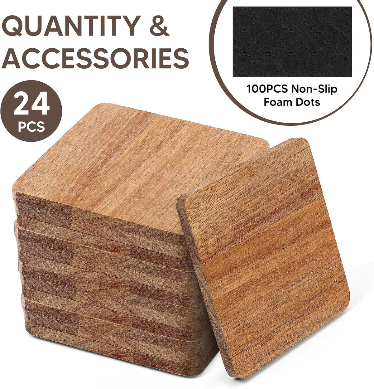 24 Pack Unfinished Acacia Wood Coasters, 4 Inch Square Blank Wooden Coasters for Laser Engraving, DIY Crafts, Painting & Drinks, with Non-Slip Pads