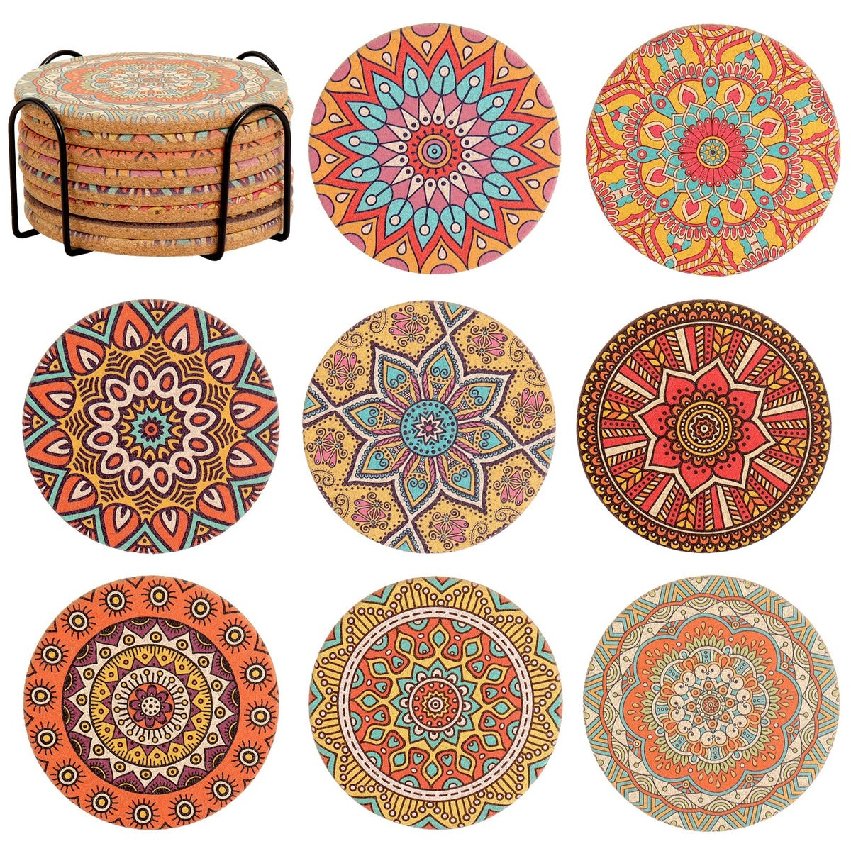 Cork Coasters Set of 8,Colorful Drink Coaster with Holder,4 Inch