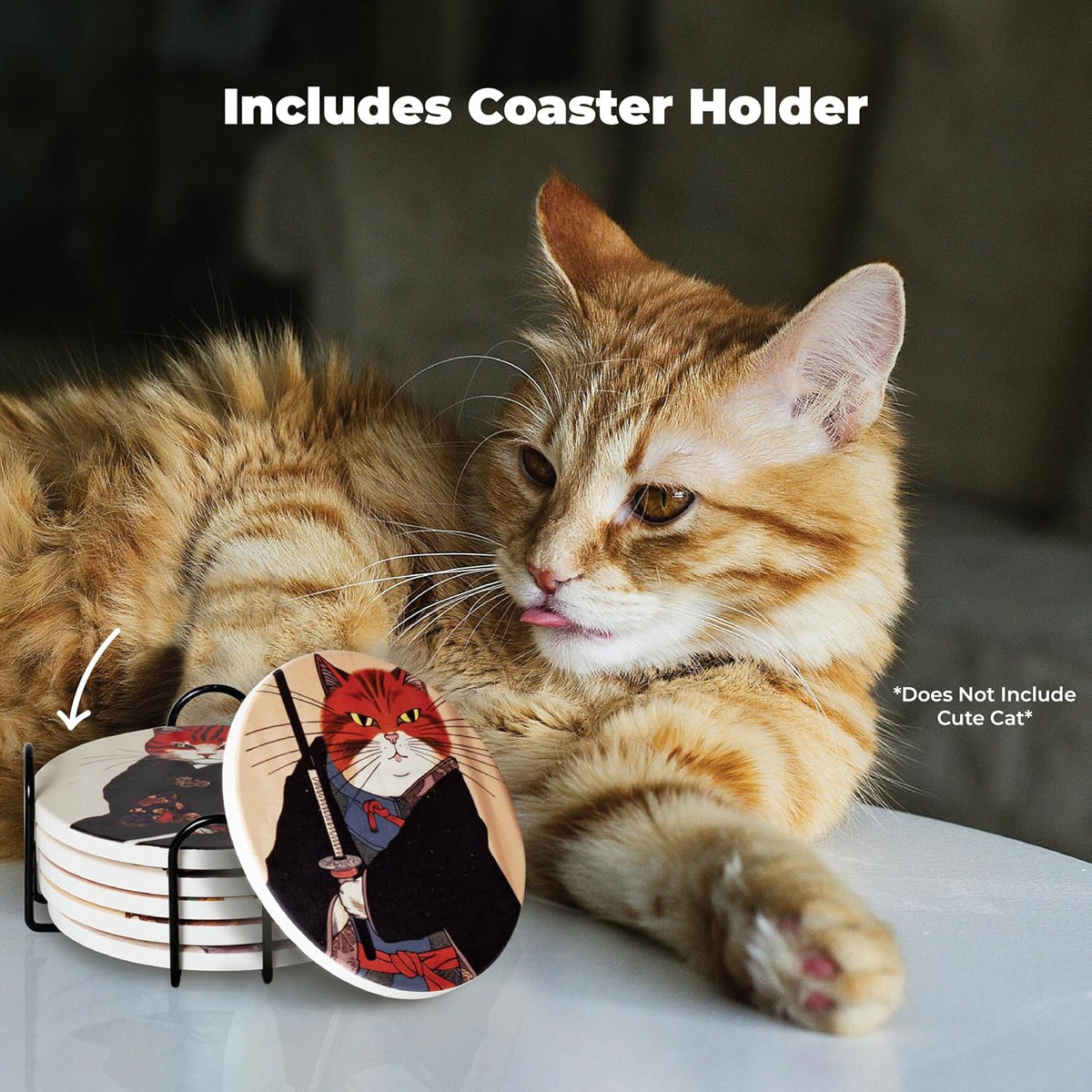 Ninja Cat Coasters Set of 6 - Cat Gifts for Men Anime Decor, Funny Coasters