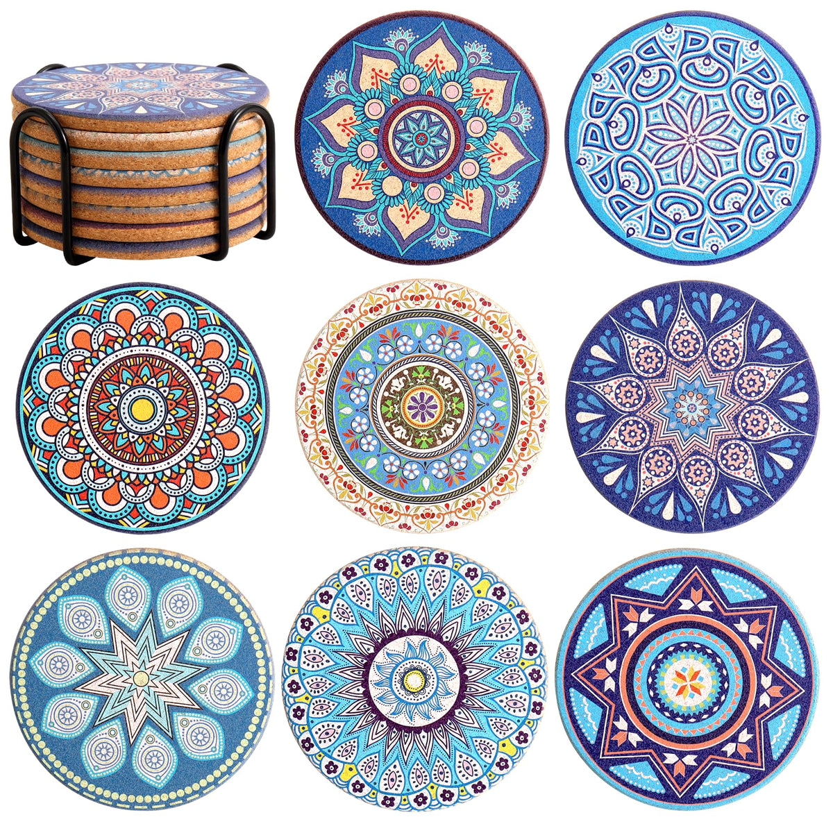 Cork Coasters Set of 8,Colorful Drink Coaster with Holder,4 Inch