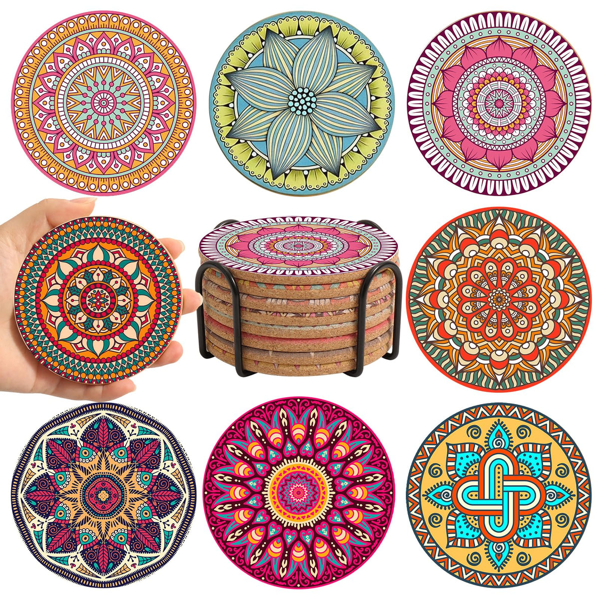 Cork Coasters Set of 8,Colorful Drink Coaster with Holder,4 Inch