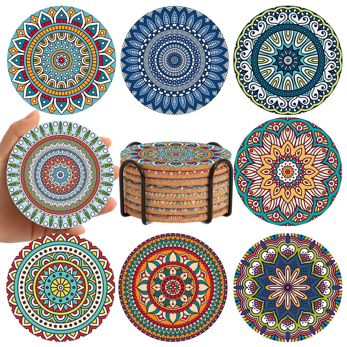 Cork Coasters Set of 8,Colorful Drink Coaster with Holder,4 Inch