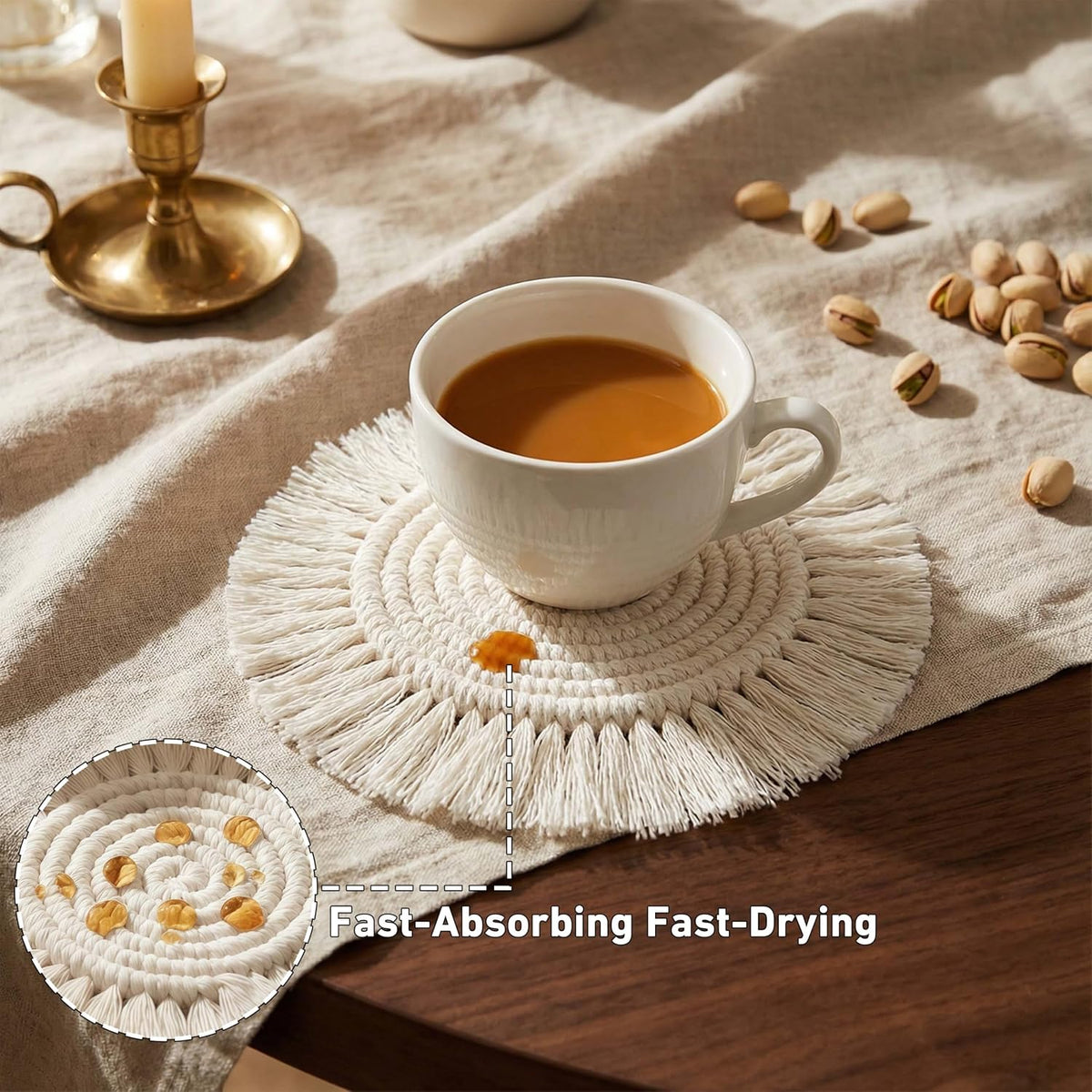 Coomin Boho Coasters for Drinks, Handmade Coasters 7.4in, 2p Beige