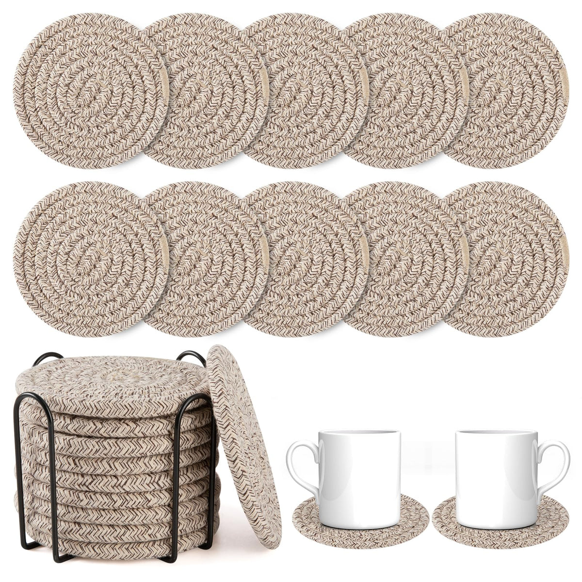 OIAHOMY 8 Pcs Coasters with Holder for Beer, Coffee, Woven Cotton Coaster Set for Table Decor for Kitchen, Bar, Dining Room, Living Room, Housewarming Gifts - Yellow