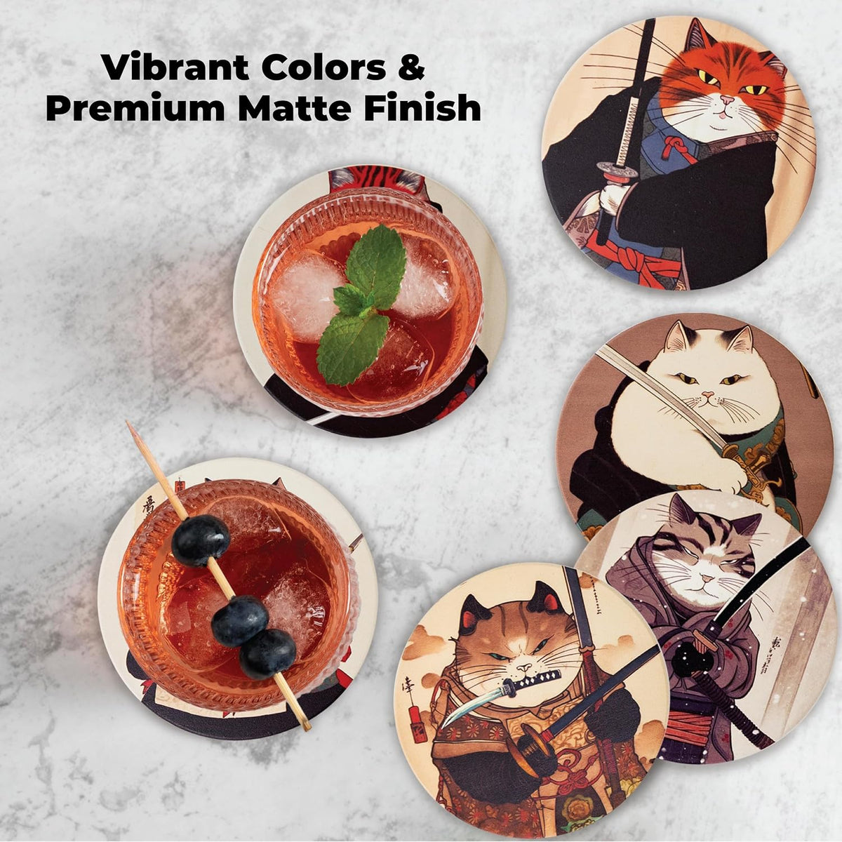 Ninja Cat Coasters Set of 6 - Cat Gifts for Men Anime Decor, Funny Coasters
