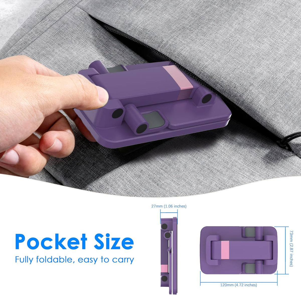 Cell Phone Stand for Desk, Adjustable Height & Angle Phone Holder, Foldable Portable Stand with Anti-Slip Silicone Pad, Compatible with iPhone and All Smartphones 4–8 Inch, Purple