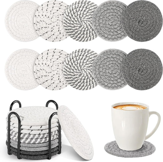 10-Pack Cotton Linen Coasters with Holder、Absorbent for Kitchen Dining Bar