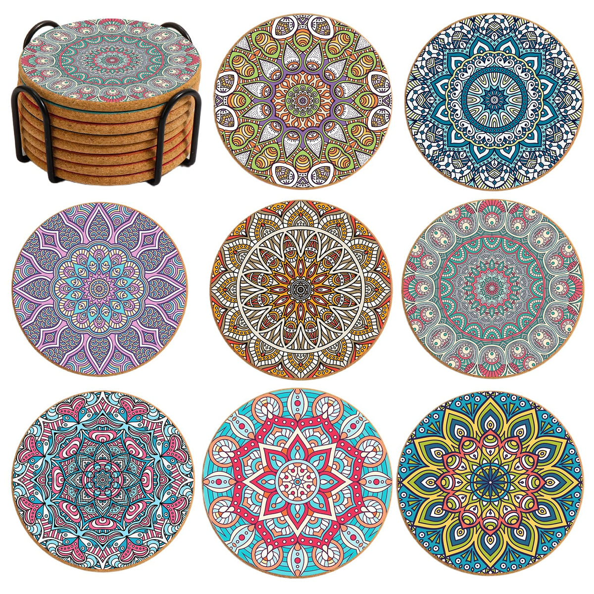 Cork Coasters Set of 8,Colorful Drink Coaster with Holder,4 Inch