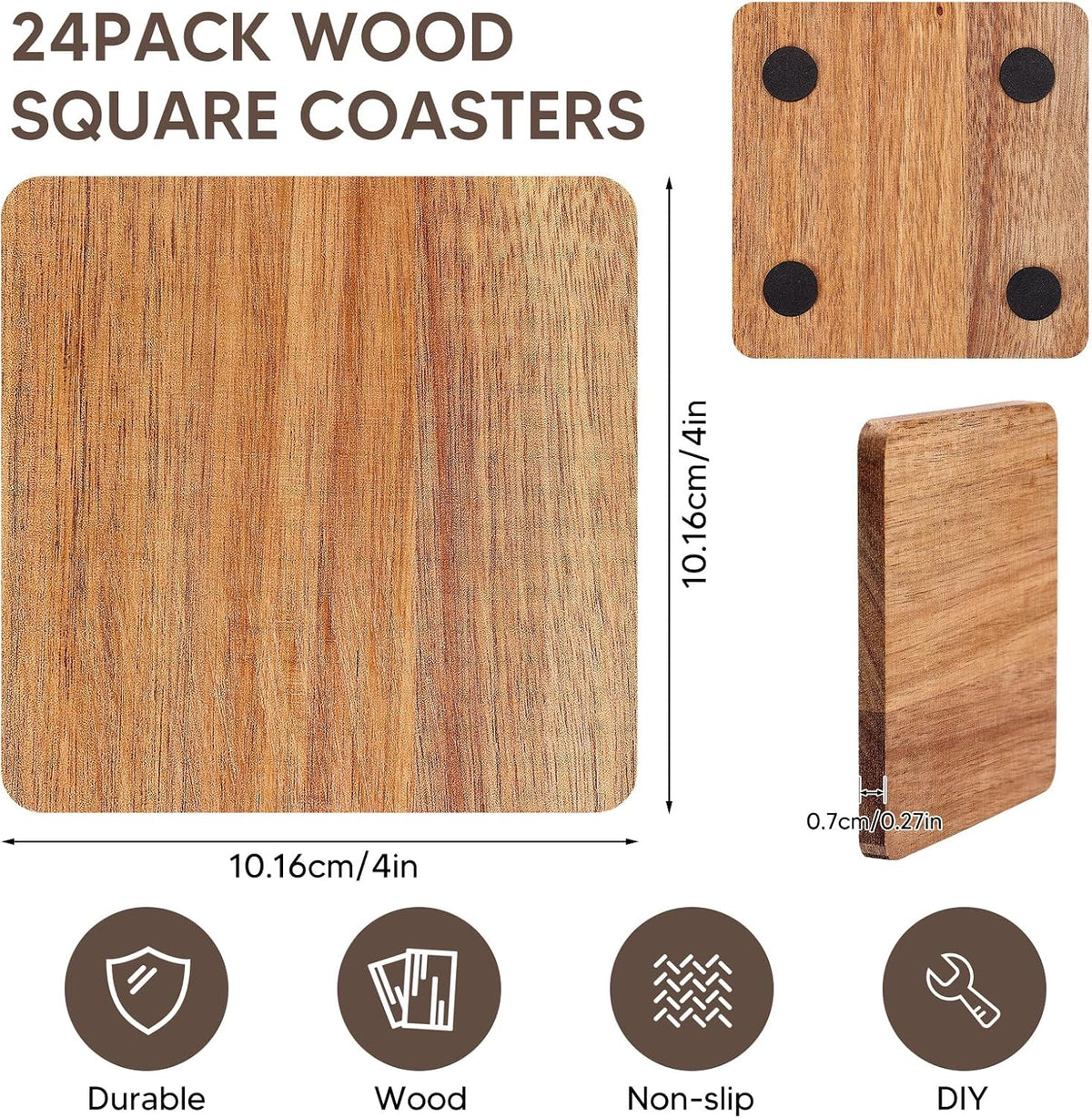 24 Pack Unfinished Acacia Wood Coasters, 4 Inch Square Blank Wooden Coasters for Laser Engraving, DIY Crafts, Painting & Drinks, with Non-Slip Pads