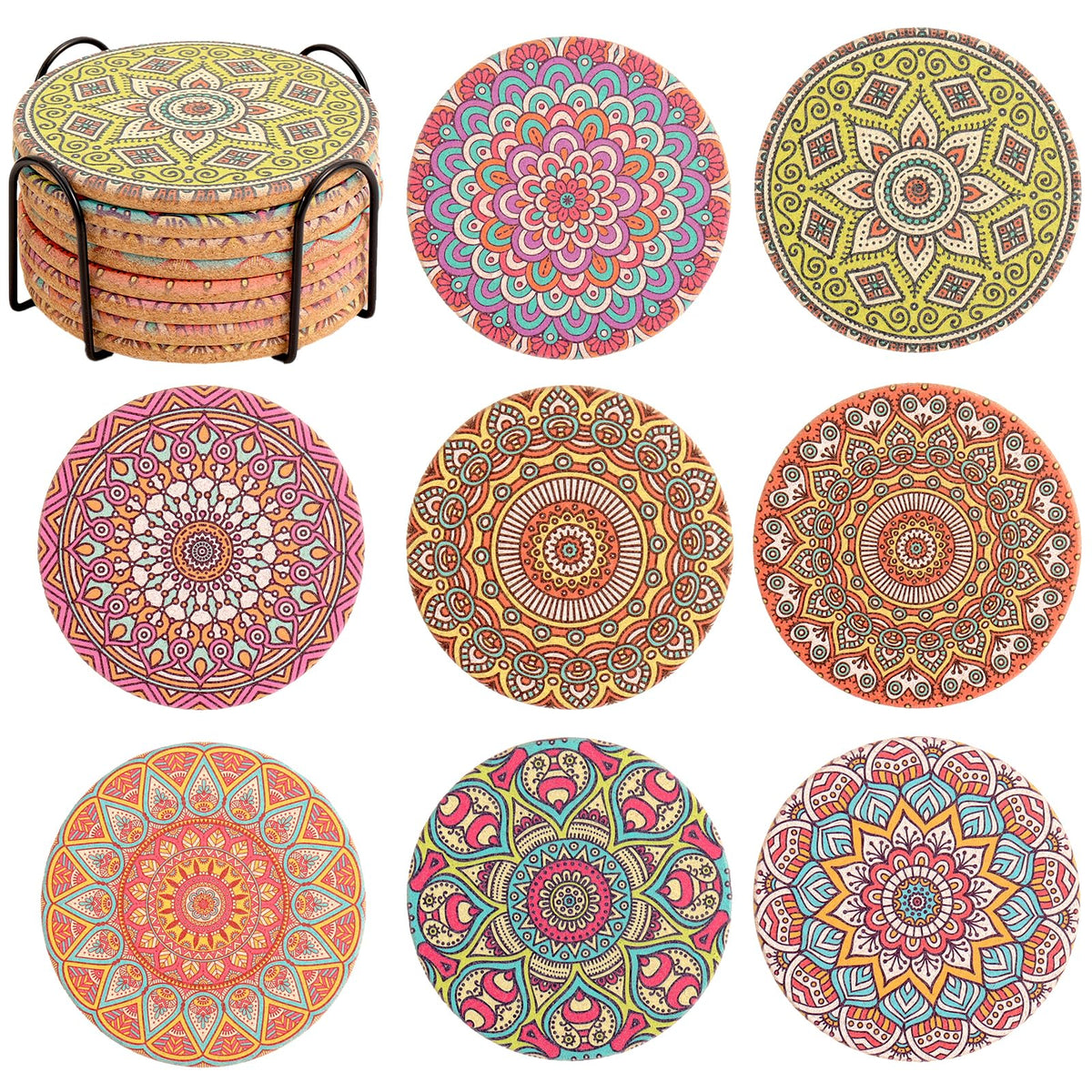 Cork Coasters Set of 8,Colorful Drink Coaster with Holder,4 Inch