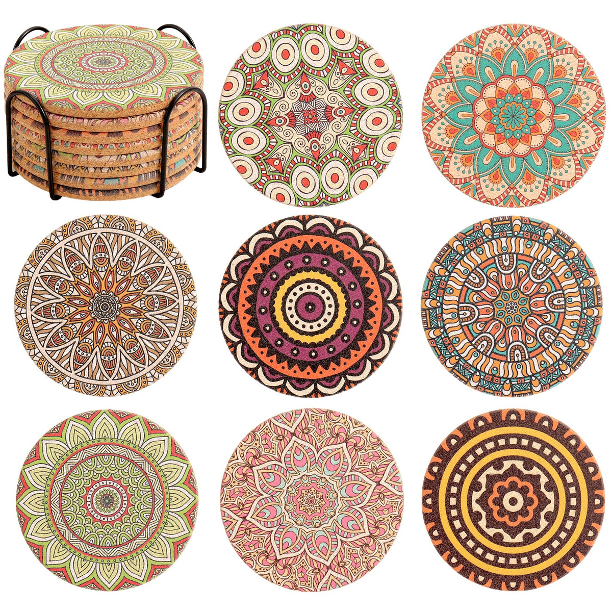 Cork Coasters Set of 8,Colorful Drink Coaster with Holder,4 Inch