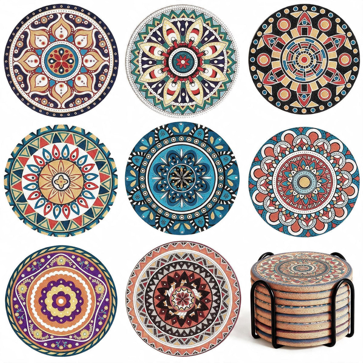 Cork Coasters Set of 8,Colorful Drink Coaster with Holder,4 Inch